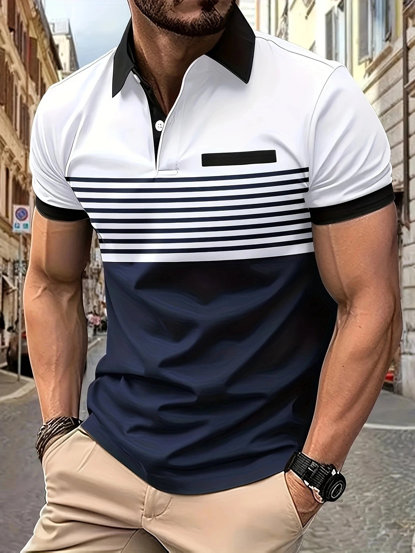 2024 short sleeved summer new item, men's casual polo shirt, V-neck button striped color blocked versatile T-shirt top